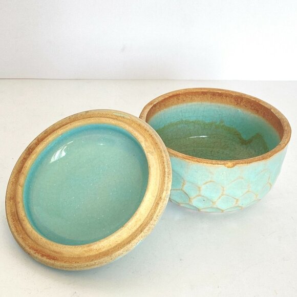 Vintage Celadon Blue Green Honeycomb Glazed Covered Bowl Lid Trinket Box 3.2" - Picture 5 of 11